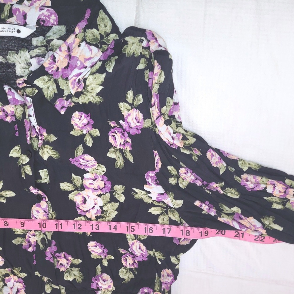 Zara Black Floral Button Down Belt Countrycore Prairie Boho Maxi Shirt Dress L - Picture 9 of 11